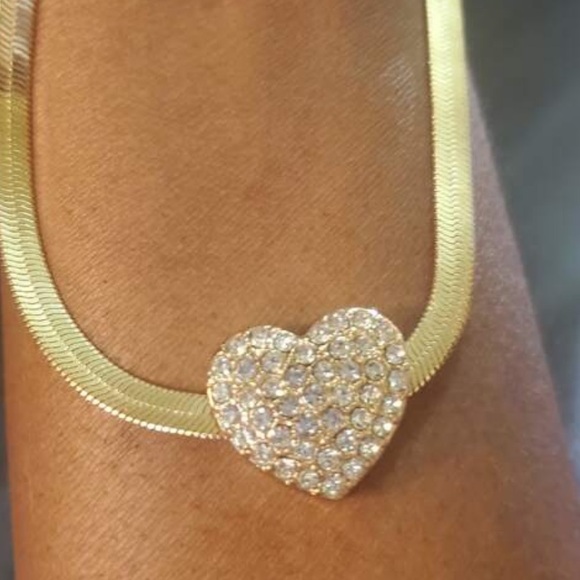 Heart Simulated Diamond inlaid, Herringbone Snake Chain Gold plated Necklace - Picture 2 of 7